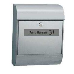 Postkasseskilt 60 x 150 mm sølv med sort tekst